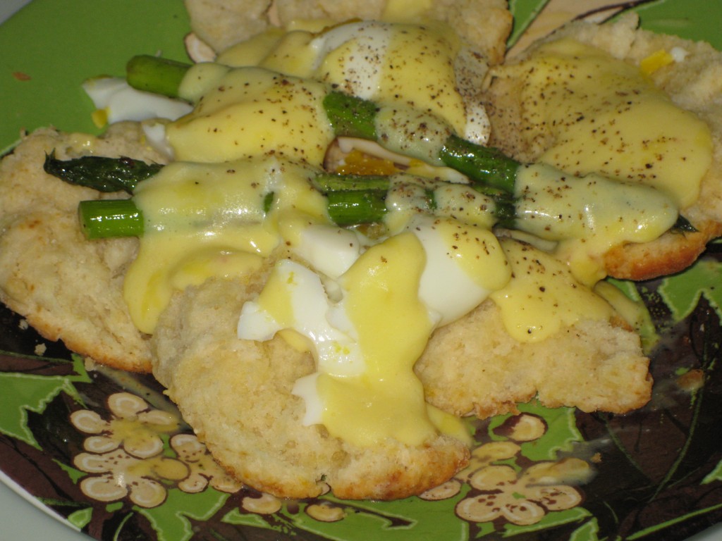 The Dish Lemon Biscuits with Pan Seared Asparagus, Lime Chipotle Hollandaise, and Soft Boiled Eggs